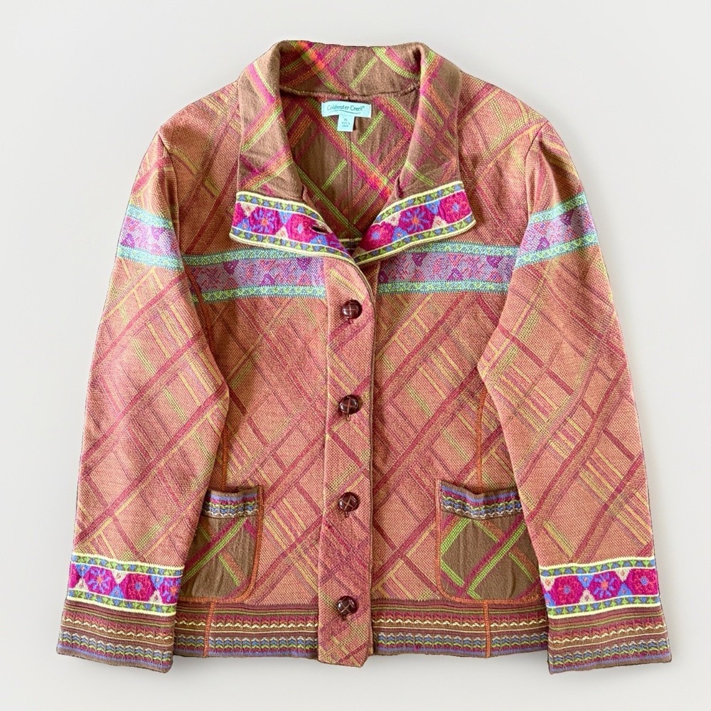 Coldwater Creek Plaid Tapestry Sweater Jacket Sz XL Boho Artsy Y2K Artisan Folk